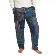 Mens Blue Patchwork Pants Cotton Hippie Boho Comfy Unisex Summer Hippy Bohemian