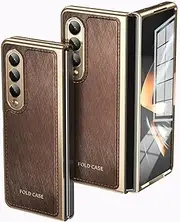 Protective Phone Case Folding Case Compatible with Samsung Galaxy Z Fold 4 with Screen Protector, Luxury PU Leather Slim Fit Phone Cover - Plating Gold Edge, Drop, Scratch & Shock Protection Case Full