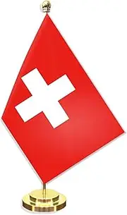 Switzerland Desk Small Flag Set,5×8 Inch Mini Swiss Desktop Banner,12" Metal Solid Pole Decor,Tiny Digital Printed Polyester Banner With Golden Base
