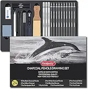 PANDAFLY Charcoal Drawing Set, 24 Piece Black & White Charcoal Pencils for Drawing, Sketching, Shading, Blending, Artist Pencils for Kid, Beginners & Pro Artists