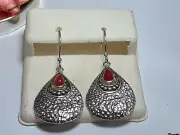 Teardrop Carnelian hammered Sterling Silver french drop shield Earrings #18673