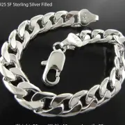 Bracelet 925 Sterling Silver Filled Solid Men's Curb Cuban 12mm Link Bangle 25cm