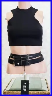 F/2016 VERSUS+VACCARELLO BLACK LEATHER TRIPLE SILVER-TONE BUCKLE BELT 75/30