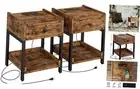 Nightstand, Set of Bedside Table with Charging Station, Small End 2 Brown