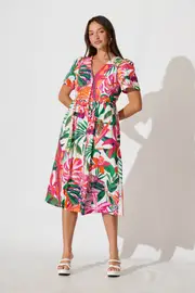 Riello Midi Smock Dress Short Sleeve in multicolor White with Multi Tropical Cotton 8