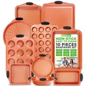 NutriChef Non-Stick Baking Pans Set - Premium Nonstick Carbon Steel Oven Bakeware - Includes Cookie Sheets, Muffin & Cake Pans, Pizza Crisper, Roasting Pans, w/Silicone Handles - Copper