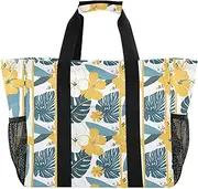 [sanluoli] Bags Collapsable Beach Tote Bag With Compartments Canvas Laundry Bag Travel, Tropical Style Flower Palm Tree Leaves Yellow and Blue, 1 size