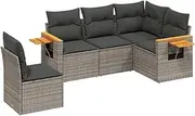vidaXL 5-Piece Grey Poly Rattan Patio Sofa Set - Cushion Seating & Modular Design for Outdoor/Garden Use - Removable Covers & Side Table