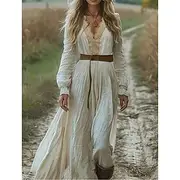 Women's Long Dress Maxi Dress Vintage Dress Western Dress Fashion Classic Modern Vacation Holiday Going out Regular Fit Plain Long Sleeve V Neck Beige Summer
