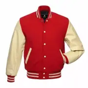 Cream Red Varsity Jacket Wool & Real Leather sleeves Letterman Bomber College