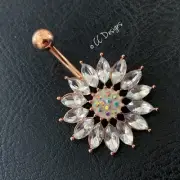 14g Cz Rose Gold White Sparkle Flower Belly Button Navel Ring (B250)