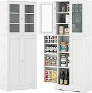 Costway Kitchen Pantry Storage Cabinet, Tall Freestanding Cupboard with Glass Doors, Storage Shelves, Door Racks, Anti-Tipping Device, Utility Floor Cabinet for Dining Room, Living Room, Black/White