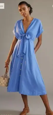 NWT Anthropologie size 6 Gathered midi dress in blue button close ties in front