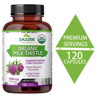 Zazzee Organic Milk Thistle 7500mg - 80% Silymarin, Liver Support Supplements