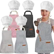 Bunnycool 4 Sets Kids Apron and Chef Hat Set Toddler Adjustable Stripe Cotton Child Aprons with 2 Large Pocket for Children Age 2 to 5 Years Boys Girls Cooking Baking Painting, Mainly Pink Stripes,