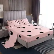 Girls Bed Sheets Twin Size Cute Heart Pattern Sheet Set Lovely Pink Black Bedding Set Cartoon Geometric Soft Fitted Sheet Girly Bedroom Decor Gift Modern Flat Sheet with 1 Pillowcase Deep Pocket