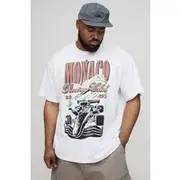 Mens White Plus Oversized Monaco Racing Car Print T-Shirt