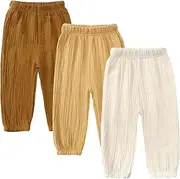 [GFQLONG] 3 Pack Toddler Boy Girl Casual Basic Plain Soft Pant Baby Summer Fall Comfy Cotton Linen Bloomers Pants