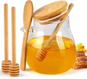 No Drip with Spoon, 12 Oz Honey Jar with Lid and 3 Extra Dippers, Clear Glass Ho