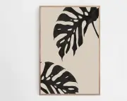 Black Monstera Leaf Print Tropical Wall Art Black Beige Palm Print Modern Wall
