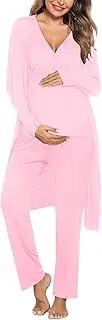 [SWOMOG] Maternity Nursing Robe Set 3 Piece Postpartum Breastfeeding Pajamas 3 in 1 Hospital Labor Delivery Pregnancy Pjs, Pink-pants, Medium