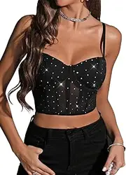 [Lilosy] Sexy Underwire Push Up Rhinestone Strappy Floral Lace Crop Cami Bustier Corset Top Women Sheer Longline Bralette Night Out Party Bra Black Large, Black