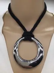 Chicos Black String Cord Necklace With Silver Pendant