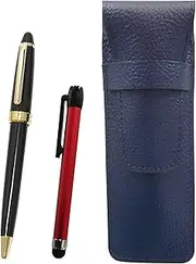 SASL-ALR-600B-B Grain Leather Pen Case Blue Metal Touch Stick Red and Neo D-600 Ballpoint Pen Set Black