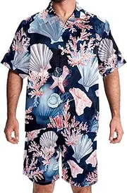 [KQNZT] Mens Hawaiian Sets, Men's 2 Pieces Shirt Sets, Mens Vacation Outfits, Watercolor Blue Moroccan Style, Mens Matching Shirt and Shorts Set