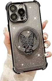 [PONRFEKT] Electroplated Glitter Case for Oppo A57 5G 2022 with Butterfly Stand,for Women Girls Transparent Protective Cover Gradient Glitter,Stylish Shockproof Cover,Black