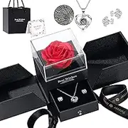 Preserved Red Real Rose with I Love You Necklace in 100 Languages, Eternal Flowers Rose Gifts for Mom Wife Girlfriend on Mothers Day Valentines Day Anniversary Christmas Birthday Gifts for Women