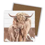 Kitchen Cork Backed Ceramic Drink Coasters Highland Cow Set 4
