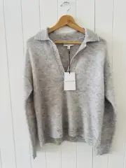 Witchery BNWT Mohair Wool Blend Jumper Size M Grey Collar Henley Lofty Knit
