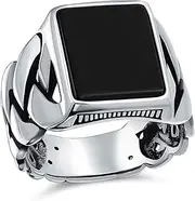 [Bling Jewelry] Biker Urban Classic Braided Cable Wheat Wide Link Chain Band Heavy Solid Black Onyx Gemstones Rectangle Large Statement Signet Ring For Men .925 Sterling Silver Handmade In Turkey