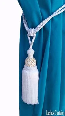 White Decorative Window Curtain Drape Wood/ Tassel Rope / Cord Tie Back Holdback
