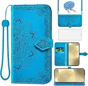 [Asuwish] Mobile Phone Case for Samsung Galaxy S24 5G Case with Strap and Glass Screen Protector Card Slot Foldable Leather Wallet Stand S 24 24S S24 Case Mandala Protective Phone Case Blue