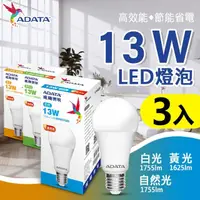 在飛比找momo購物網優惠-【ADATA 威剛】13W 高亮度 LED燈泡 - 3入組(
