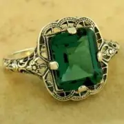 925 Silver Art Deco Vintage Cushion Lab Created Green Emerald Engagement Ring