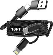 Extra Long iPhone Charger Cable 16 FT, 60W Fast Charging Cable USB-C and Lightning 4-in-1 Cable 15FT Braided Charging Cord Multi Charger Cord Lightning/Type C/USB A for iPhone iPad Samsung (1, Black)