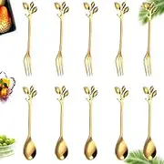 10 Pcs Creative Tableware Stainless Steel Gold Leaf Coffee Spoon Set - 4.7 Inch Mini Dessert Spoons for Wedding Party, Salad, Appetizer - Gold Leaf Shape Accessory