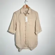 Chico’s 100% Linen Blouse Womens Sz (6) No Iron Shirt Tunic Top Button Front