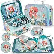 Mermaid Tea Party Set for Little Girls, Kids Party Set Toys for 3 4 5 6 Year Old Girls, Pretend Toy Tin Tea Set & Carrying Case, Princess Tea Time Kitchen Play Toys, Birthday Gifts for Girls