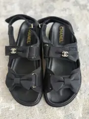 CHANEL Bow Coco Mark Sandals Black 37C Women's