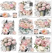 BEUNITONE 3 Sheet Peonies Flowers Rub on Transfers for DIY Crafts Vintage Florals Furniture Decal Retro Pink French Market Peonies Transfer Stickers for Wood DIY Paper Home Decor 11.8”* 5.9”