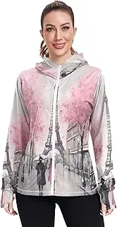 [RPLIFE] People Walking Behind Eiffel Tower Cooling Hoodie Upf 50+, Long Sleeve Zip up Hiking Clothes Women