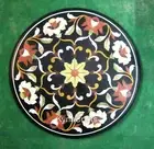 30 Inches Black Marble Coffee Table Top Floral Pattern Inlay Work Entryway Table