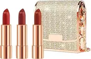 Matte Lipstick Set 3 Colors Lip Stick with Sliver Chain Bag Package Velvet Lip stick Set Waterproof Non-Stick Cup Long Lasting Retractable Red Lipstick Set 3.5gx3 Pcs