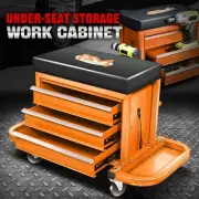 Mechanics Roller Work Seat w/ 3-Drawer Tool Box Storage Tray Padded Stool Orange