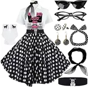 [VillbeCoser] Sock Hop Outfits Women, 1950s Poodle Skirts, Polo Shirt with 50s Accessories Socks Scarf Headband Belt 10Pcs