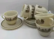 6 JAJ Pyrex Rustic Cups & Saucers Brown Milk Glass New With Original Packaging